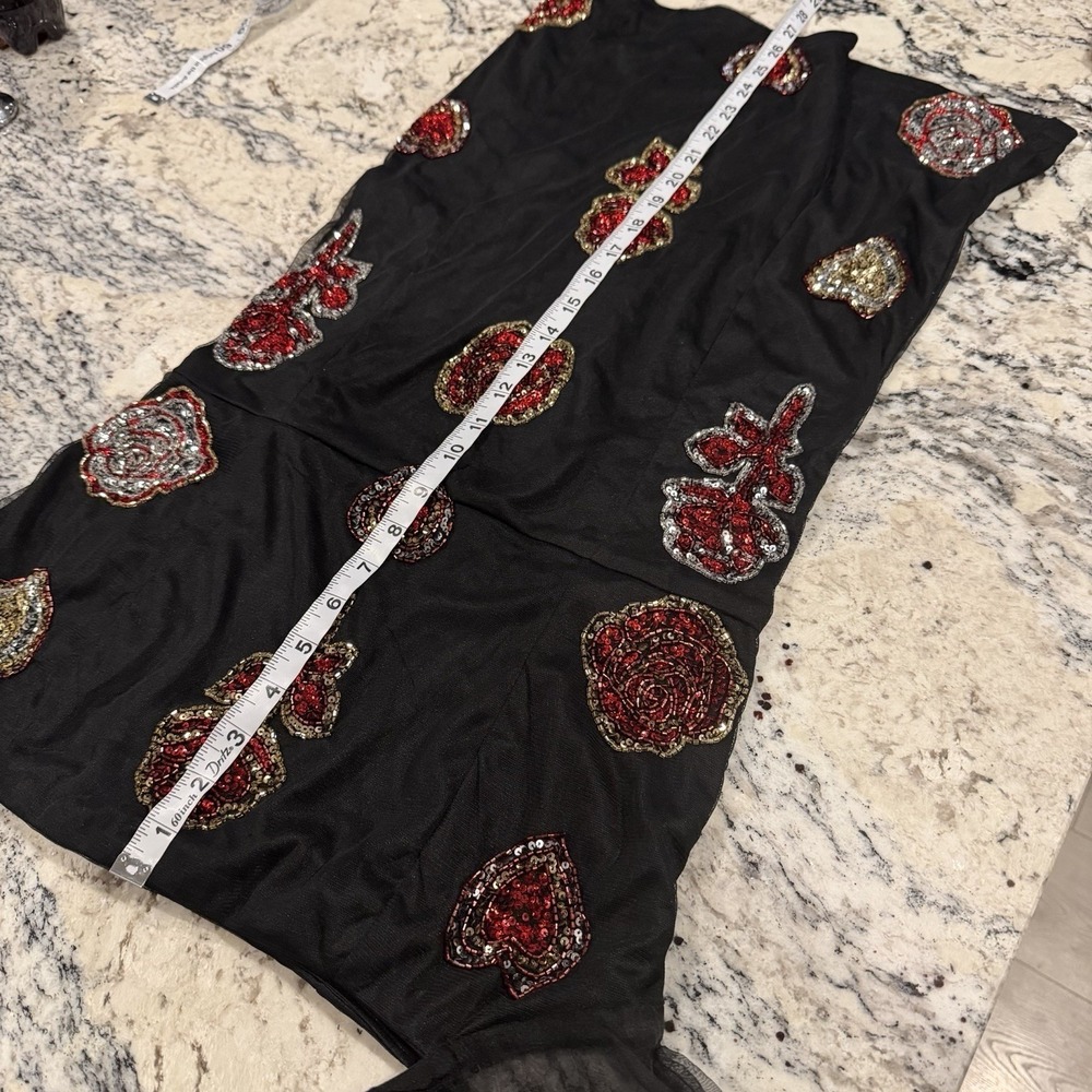 ASOS Black Rose Appliqué Puff Sleeve Bodycon Mini Dress NWT size 12 Fits Like S - Picture 12 of 16